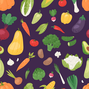 蔬菜载体 vegetably 番茄胡椒和胡萝卜的健康营养素食者吃有机食品从杂货店插画植物集饮食无缝模式背景