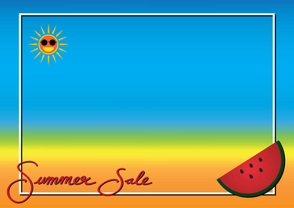 夏季促销季节与西瓜, 太阳, 海海滩和框架背景向量例证