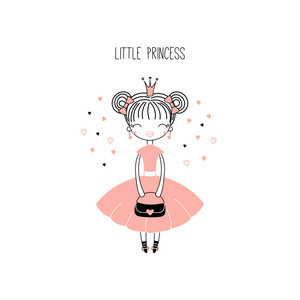手绘矢量插图一个可爱的小公主穿着粉红色的裙子与文字。 白色背景上的孤立物体。 画线。 未填写的大纲。 儿童印刷品的设计理念。