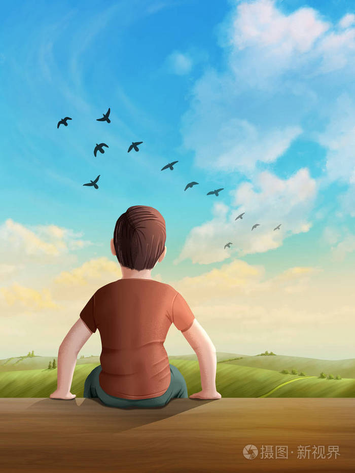 在阳光明媚的风景下做白日梦的孩子