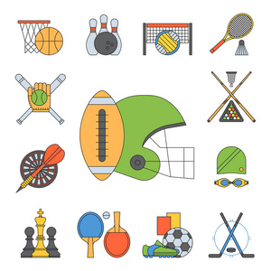 在平面设计线上设置运动矢量图标象形健身运动员符号游戏奖杯比赛哑铃活动插图。篮球足球曲棍球高尔夫