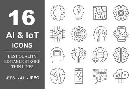 一套简单的人工智能相关线图标包含机器人, 眼睛, 芯片, 大脑等图标。可编辑描边
