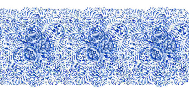 俄国传统绘画在白色和蓝色。gzhel 风格的水平无缝模式。花蓝色花和叶子在一冲程刷子技术