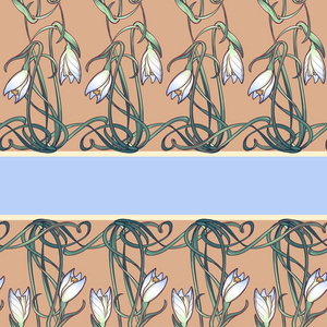 春天的花朵。雪莲花交错成一个复杂的装饰品在 avertical 条纹背景。艺术风格绘画