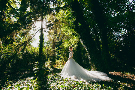 美丽的婚礼 photosession。年轻可爱的新娘穿着优雅的白色蕾丝裙, 长羽和精致的发型在树中间的一个大的绿色花园, 在 w