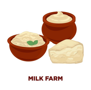 牛奶农场广告横幅与酸奶油在粘土锅，家庭干酪在深碗和白兰扎三角片。 美味的健康乳制品隔离卡通平面矢量插图。