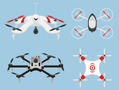 一套现代化的空中无人机和遥控。科学和现代技术。矢量插图。无线电机器人或飞机与照相机在空气中。创新系统和发展