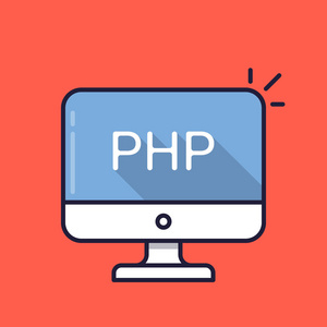计算机与 Php 字在屏幕上。服务器端脚本语言。网页开发, 后端编程, 编码, 学习理念。简单的线条图标。现代长影平面设计矢量图