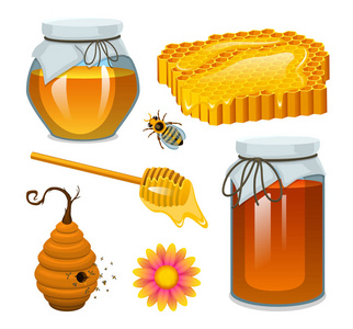 蜂蜜在罐子蜂和蜂巢勺子和蜂窝蜂巢和蜂房。天然农产品。养蜂或花园。健康, 有机糖果, 医学例证, 农业