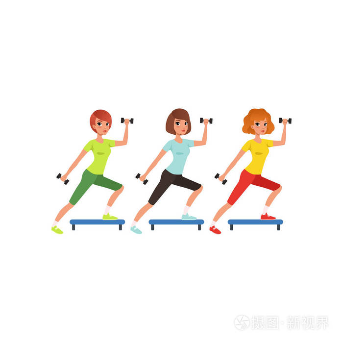 卡通人在健身房.体力活动.平面矢量