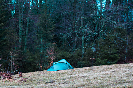 在山上森林的田野上的帐篷