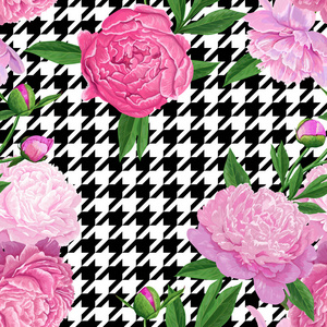 花卉无缝图案与粉红色牡丹花。春天盛开的花朵背景为布料, 印刷品, 婚礼装饰, 邀请, 墙纸, 包装纸。矢量插图