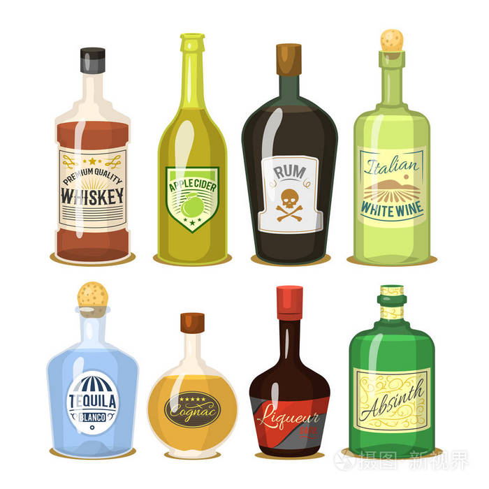 酒精强的饮料在瓶卡通玻璃威士忌白兰地白兰地酒矢量插画