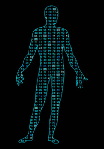 人工智能。人身体的剪影, 里面二进制代码。它可以说明科学思想人工神经网络深入学习技术发展