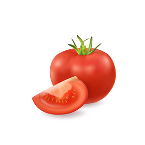 矢量3d 逼真的多汁西红柿特写在白色背景下分离。整个和季度的西红柿。设计模板, 图形剪贴画