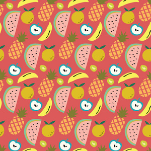 粉红色背景，水果图案为西瓜菠萝香蕉苹果和猕猴桃。 一个有趣的现代和灵活的模式，品牌谁有可爱和有趣的风格。 重复的模式。 混