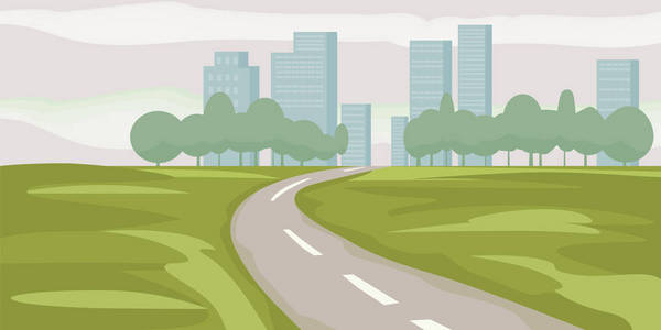 高速公路景观卡通风格, 现代大摩天大楼镇远走前方, 透视景观和城市