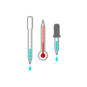 科学滴管微吸管和温度计实验室材料和玻璃器皿图标14平面设计理念。 矢量图。