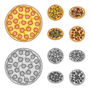 比萨饼配肉, 奶酪和其他馅料。不同的比萨集合图标在卡通, 单色风格矢量符号股票插画网站