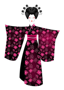 日本或亚洲女孩肖像, 传统风格与日本和服, madama 蝴蝶风格。传统的艺妓服装和服, 配以花卉花纹, 传统服饰, 粉色民族服