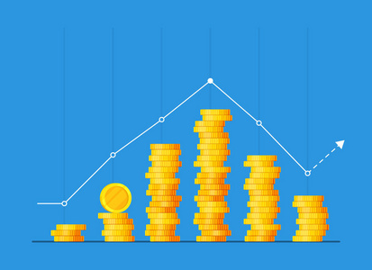 硬币堆栈矢量图 平硬币钱堆积图标平 金一分钱现金桩，财宝堆上颜色背景孤立