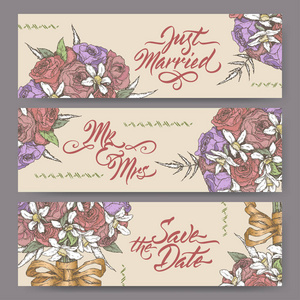 三套基于花束颜色素描和毛笔书法的原创婚礼横幅