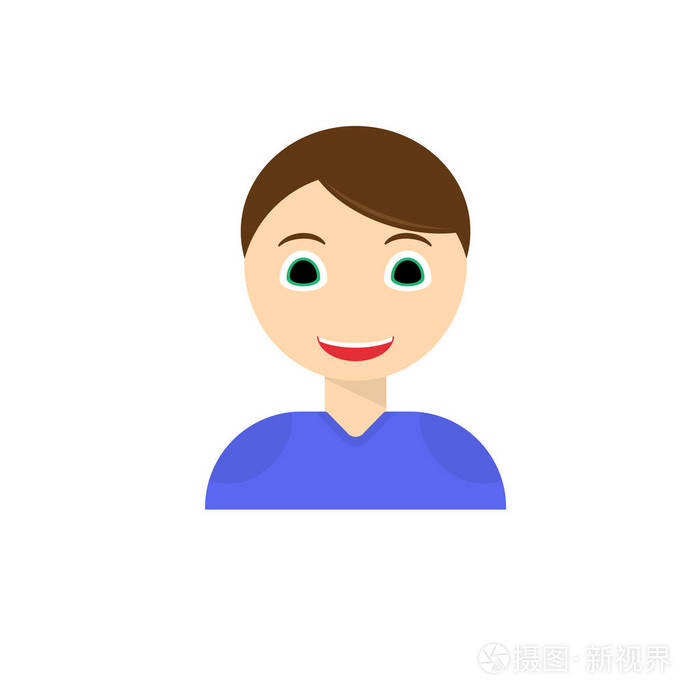 年轻人微笑的脸图标男孩与愉快的面部表情平的载体被隔绝在白色背景