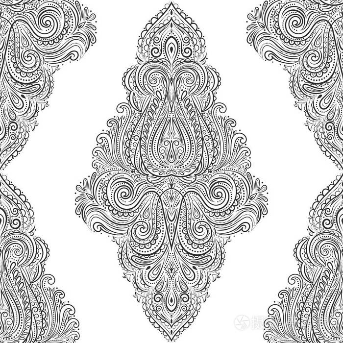 黑白观赏无缝图案.葡萄酒, 佩斯利元素.装饰.