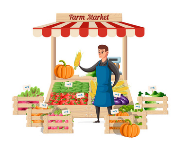 卡通矢量图男性的街头小贩,卖菜卖菜的女人卖菜的农民当地的档位.