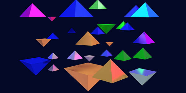 悬停的光滑金字塔和蓝色背景的三维插图