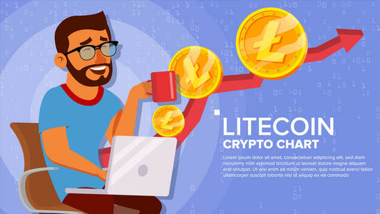 Litecoin 上升趋势, 增长概念向量。贸易图。虚拟货币快乐的人投资者。加密货币市场的概念。平面卡通插图