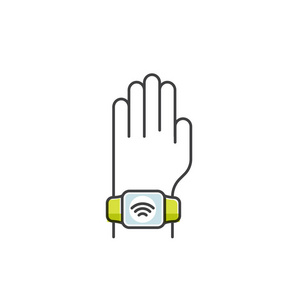 矢量图标样式插图的NFC支付通过手表。 手戴腕带。 通过pos终端支付或以非接触或无线方式购买。 移动银行和支付