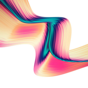 三维渲染抽象背景。 五颜六色的90年代风格扭曲的形状在运动。 彩虹数字艺术海报横幅背景设计元素。 白色背景上的全息隔离箔带。