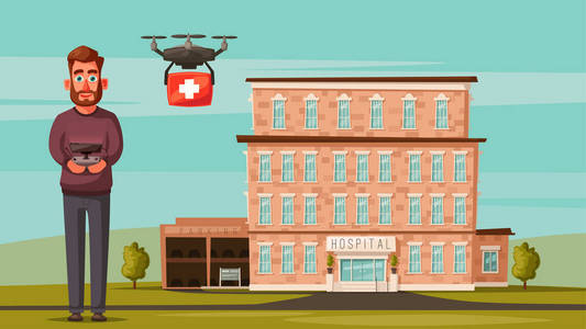 聪明的医生和无人驾驶飞机。现代医院。卡通矢量插画