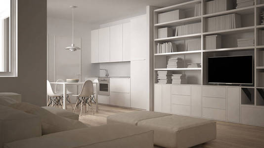 简约的客厅与沙发, 厨房, 餐桌和椅子, 大窗口, 白色现代建筑室内设计