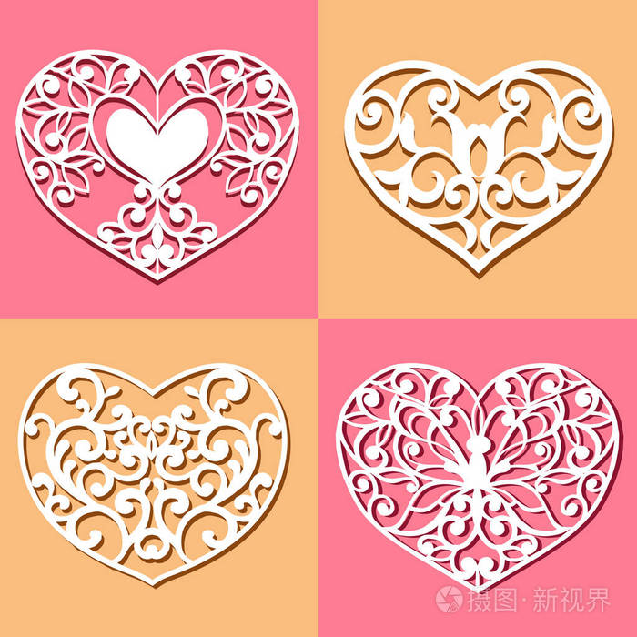 集合与雕刻的镂空图案模具带花边的心形.婚礼邀请卡的布局模板.