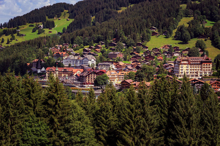 在夏天的山村的小镇的看法。瑞士