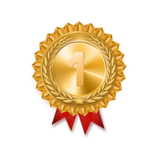 第一名的黄金标志.红丝带.孤立.橄榄枝.vuector 插图照片