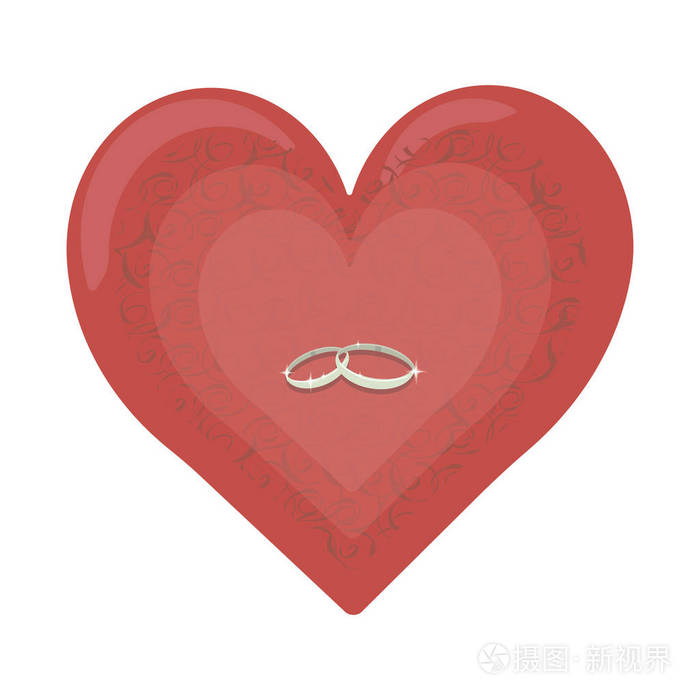 红色粉红色的心脏与闪光和图案与婚礼银色戒指隔绝在白色背景上