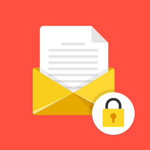电子邮件安全电子邮件保护。 带有文档和锁定图标的黄色信封。 信和挂锁。 矢量图标