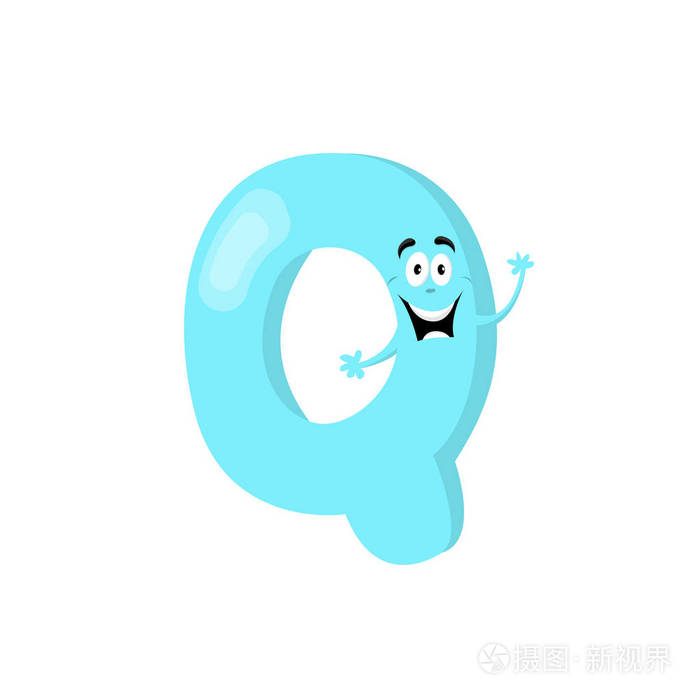 蓝色卡通字母q四与脸眼睛手眉毛和嘴巴字符的白色背景有趣的性格矢量