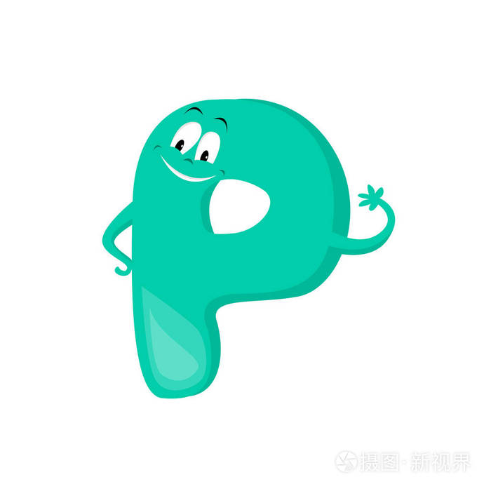 绿色卡通字母p四与脸眼睛手眉毛和嘴巴字符的白色背景有趣的性格矢量