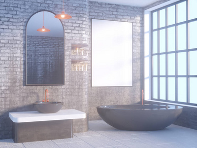 灰色浴室内部与混凝土地板, 浴缸, 双水槽3d 插图模拟