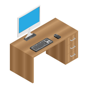 带显示器和键盘的木制电脑桌