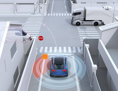 后视镜蓝色SUV在一条路上检测到车辆在盲点。 连接的汽车概念。 三维渲染图像。