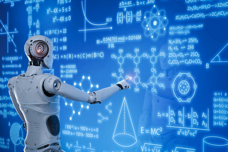 教育机器人教育机器人沉思的时髦女孩准备考试在手机上搜索上网本和听