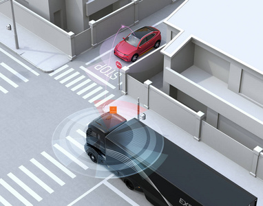 半卡车在盲点的单向街道上检测到汽车。 连接的汽车概念。 三维渲染图像。