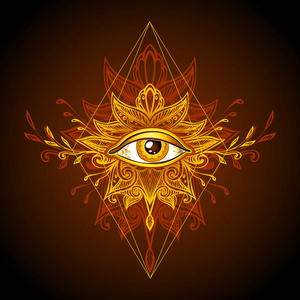 神秘学抽象的象征,所有的眼睛在博霍印度亚洲民族风格,黄色,金色,棕色