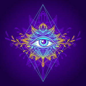 神秘学抽象的象征,所有的眼睛在博霍印度亚洲民族风格的蓝色黄金装饰