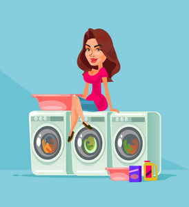 母亲,女人角色,坐在公共洗衣房的洗衣机上,洗衣服面料